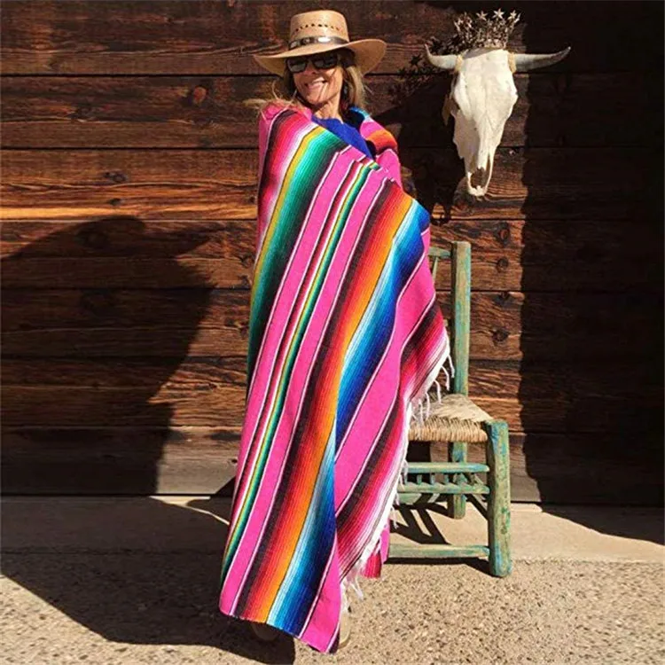 Cheap bulk fluffy soft wool material multi color weaves poncho mexican blanket