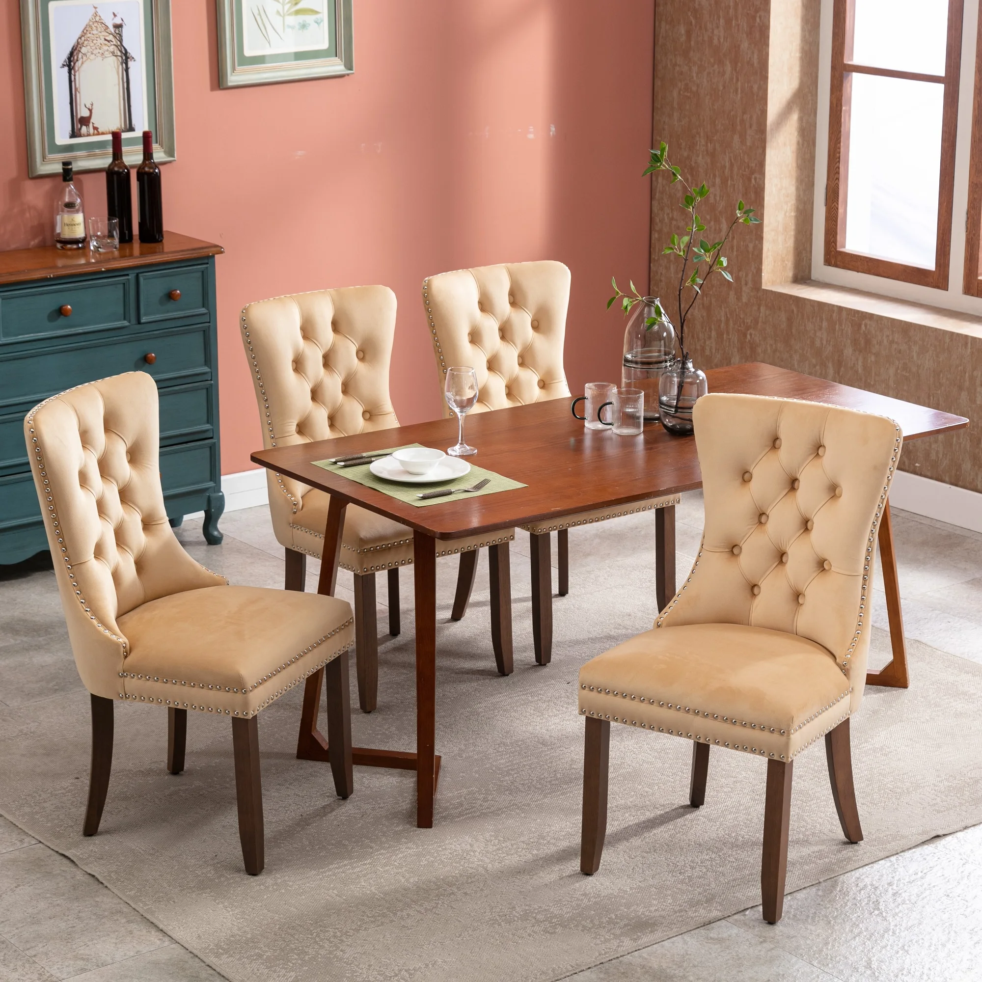 Exquisite Beige Velvet Upholstered Dining Chair