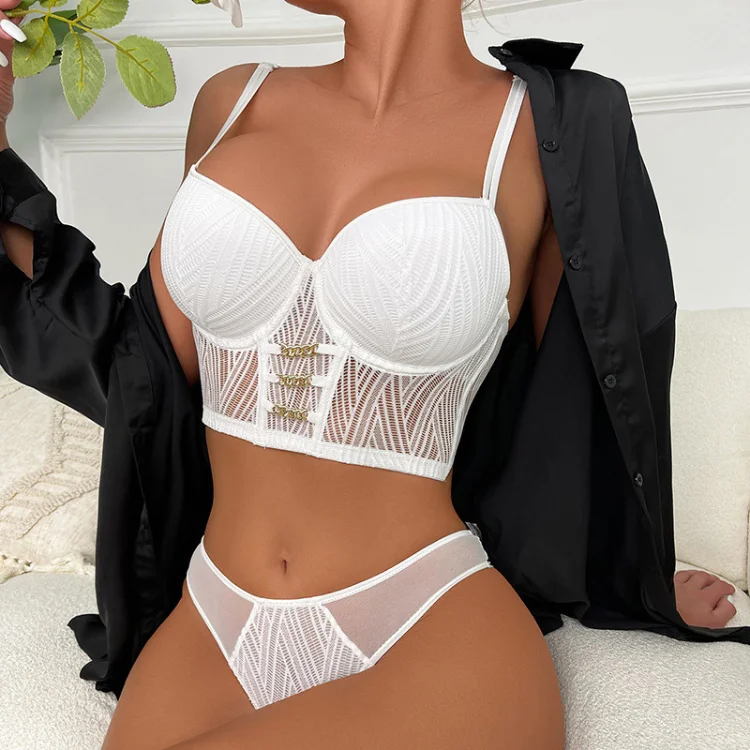 Sexy Lace Gathered Lower Thick Metal Buckle High Quality Wholesale Women Underwear Bra Set