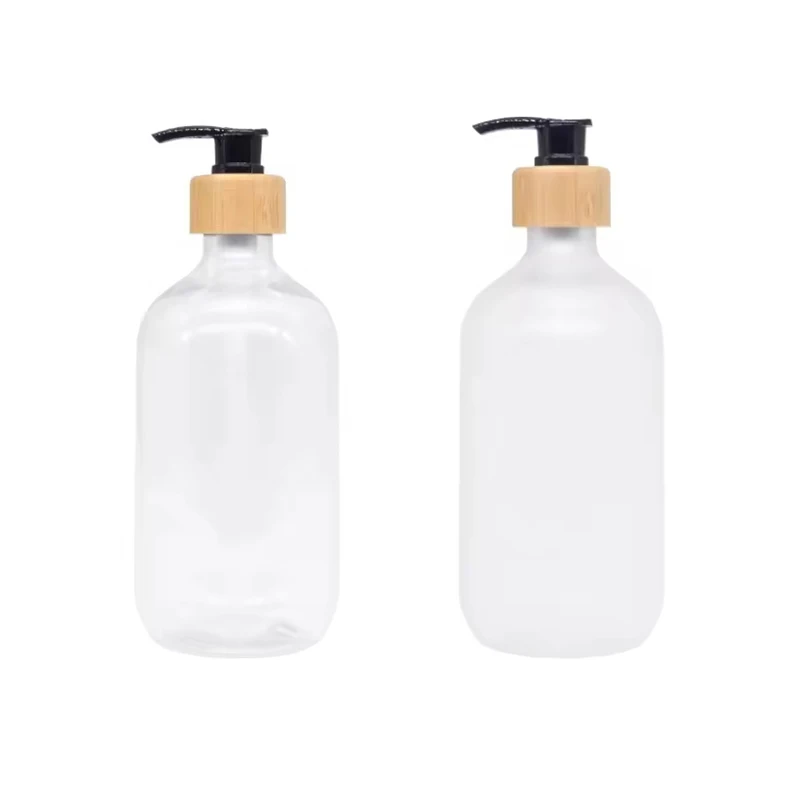 500ml clear frost round PET plastic  shampoo bottle  packing clear bottles  with bamboo pump