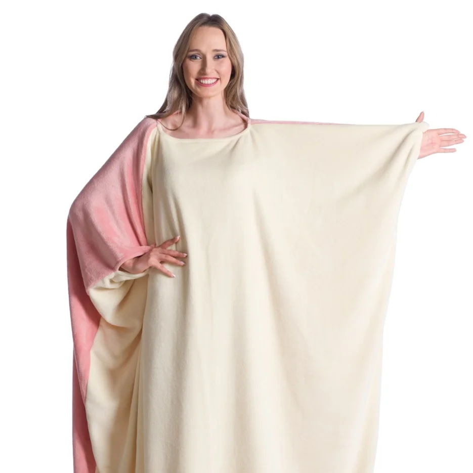 100% POLYESTER HIGH QUALITY COZY WEARABLE FLEECE BLANKET WITH SLEEVES LIGHT BLUE PACKED GIFT BOX FOR WHOLESALE