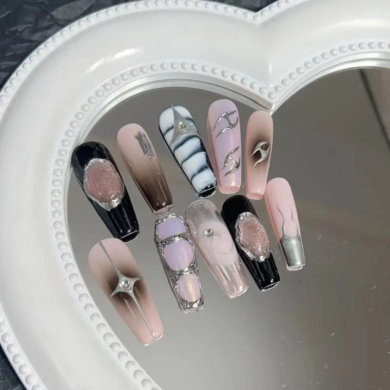 Wear Nail Pure Handmade Nail Art Finished Patches Hand-painted Magic Mirror French Gradient Aurora Nail Art