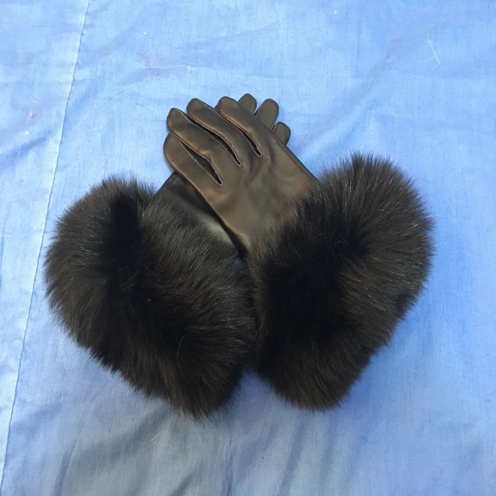 2019 Winter Women Sheep Skin Leather Gloves Fashion Design Real Fox Fur Gloves