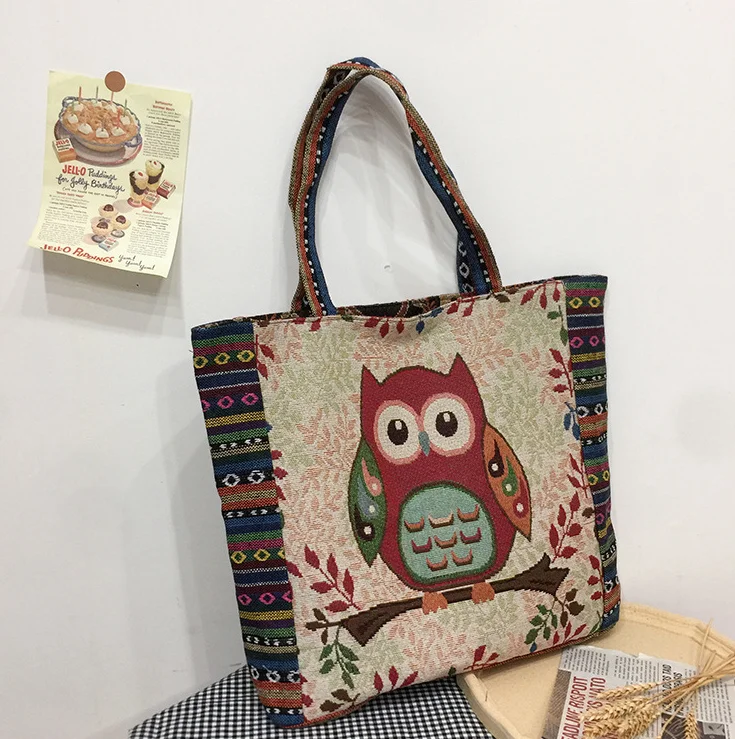Wholesale Custom New Style Linen Shoulder Bag Yarn-Dyed Cartoon Pattern Large Capacity Handbag Recycled Tote Beach Bag