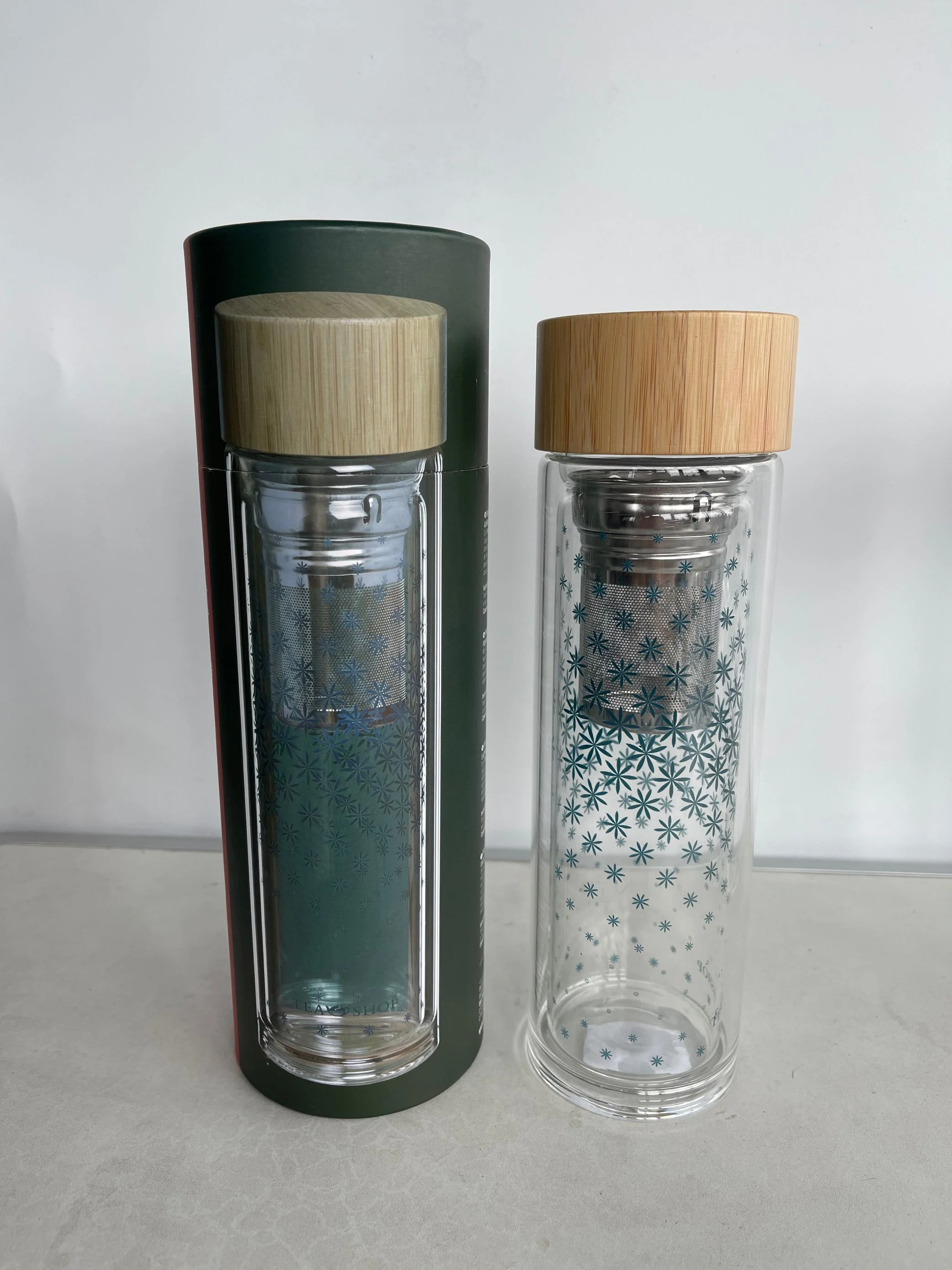 15oz Bamboo Wooden lid Double Wall High Borosilicate Glass Tea Bottle with Strainer & Infuser for Loose Tea
