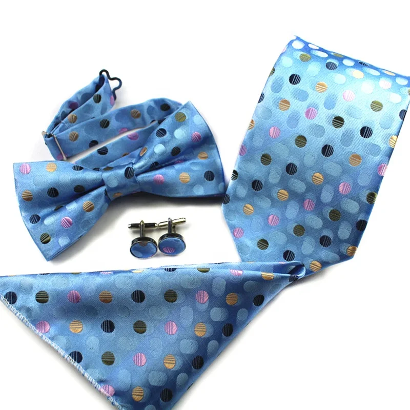 Latest Red and Blue Tie Casual Silk Necktie Set Neck tie Bowtie Hanky with Cufflinks Set for Men