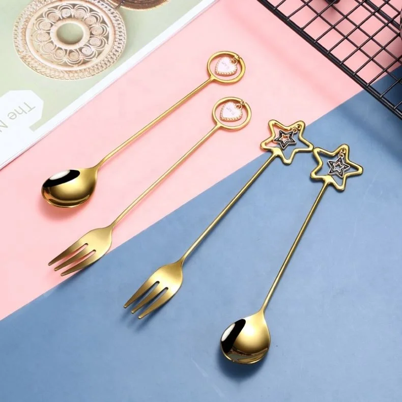 
stainless steel cutlery set spoon fork gold matted cutlery long handle spoon Star Heart Pendant Spoon Fork odm 