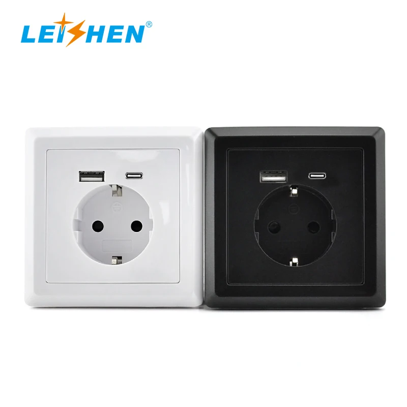 LEISHEN 86mm Style Wholesale 5V/3.4A 250V 16Amp Flush-Mounted Outlet Protective Contact Wall Schuko Socket With USB-C Charger