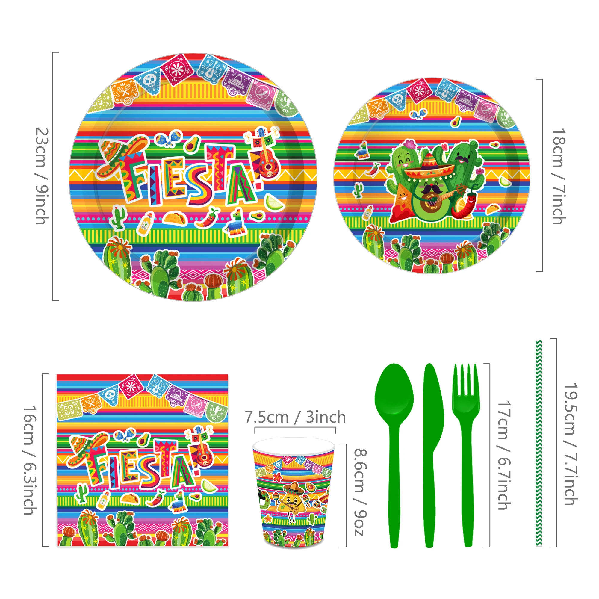 MM269 Mexican Theme Fiesta Party Supplies Tableware Set Cactus Pattern Plates Napkin Cup for Mexico Party