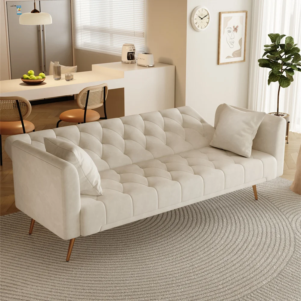 Custom Manufacturer Beige Velvet Three-Seat Sofa Come Bed with Two Throw Pillows Couches Luxury Living Room Sofa for Bedroom