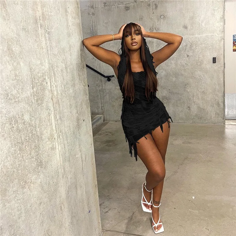 2023 Women Fashion Hooded Sleeveless Backless Tassel Sexy Slim Mini Dress Summer Casual Party Halloween Costume