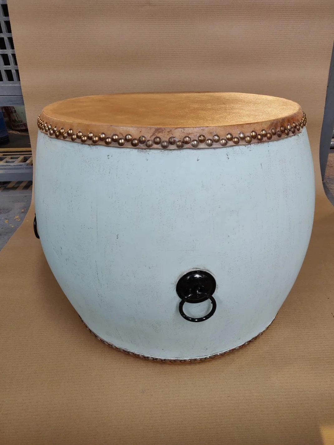 Chinese antique vintage hand painted leather drum table