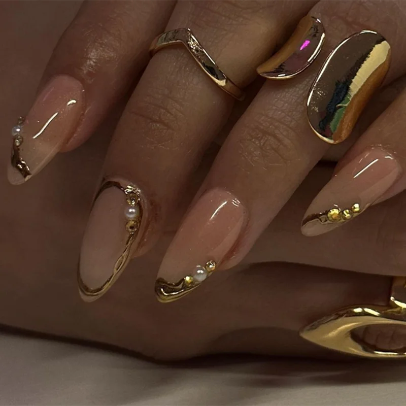 Custom Design Handmade Artificial Fingernails Gold Chrome Press on Nails