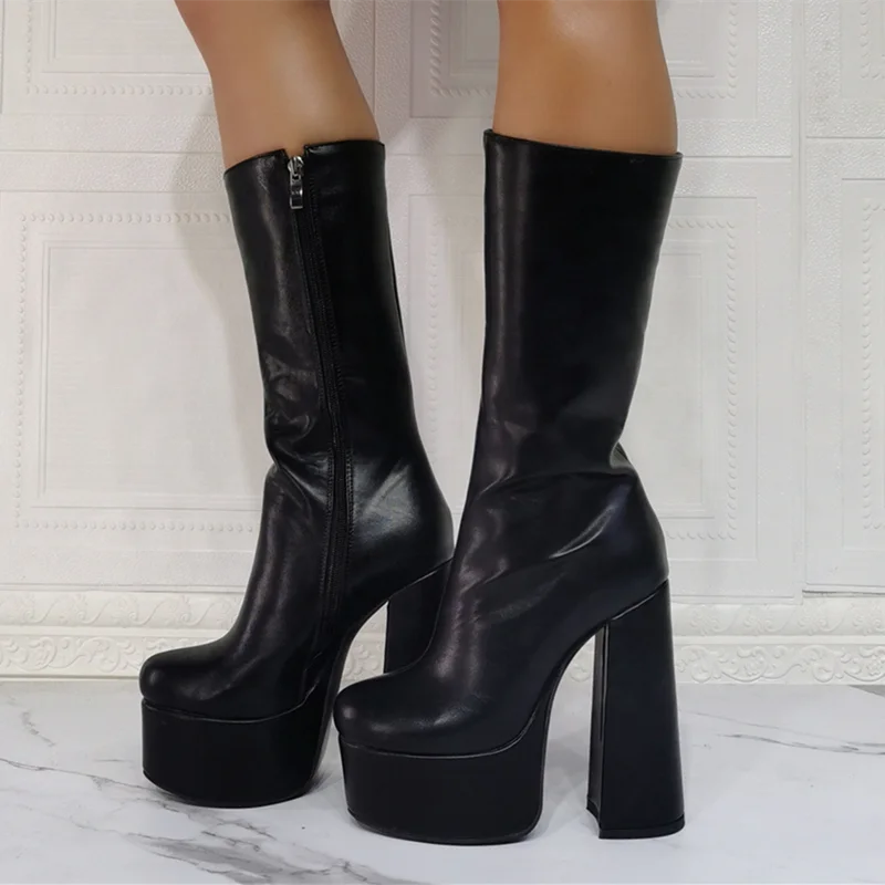 
Height Increasing Black Leather Boots Women Fashion Platform Shoes Half Knee High Boots Side Zip Chunky Heel Plus Size 43 