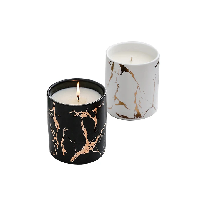 10oz Wholesale Matte Black and Gold Marble Ceramic Aroma Candle Jar Tin