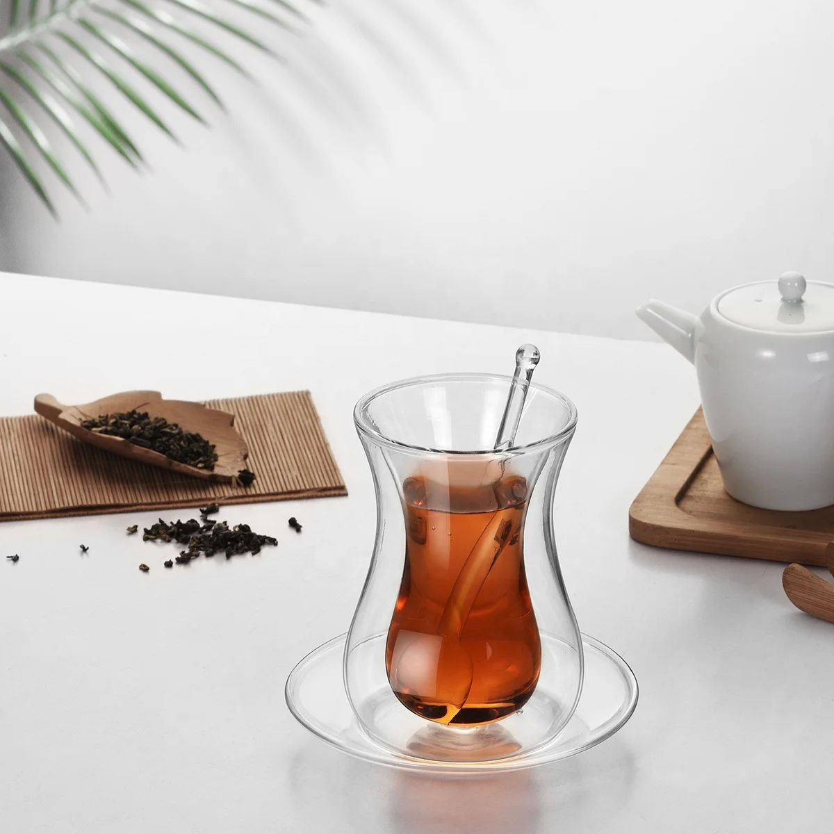 Saucer with glass spoon coffee cup set insulated double tumbler clear small Turkish teacup for home use