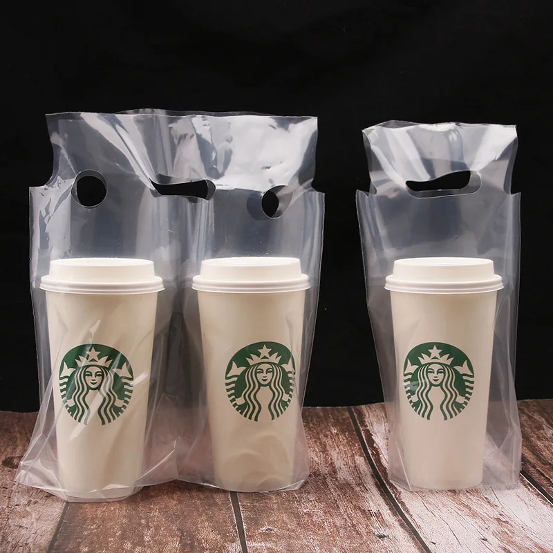 Custom Logo Takeaway Food Plastic Recyclable Boba Tea Bag Transparent Coffee Tea Cup Holder Bags