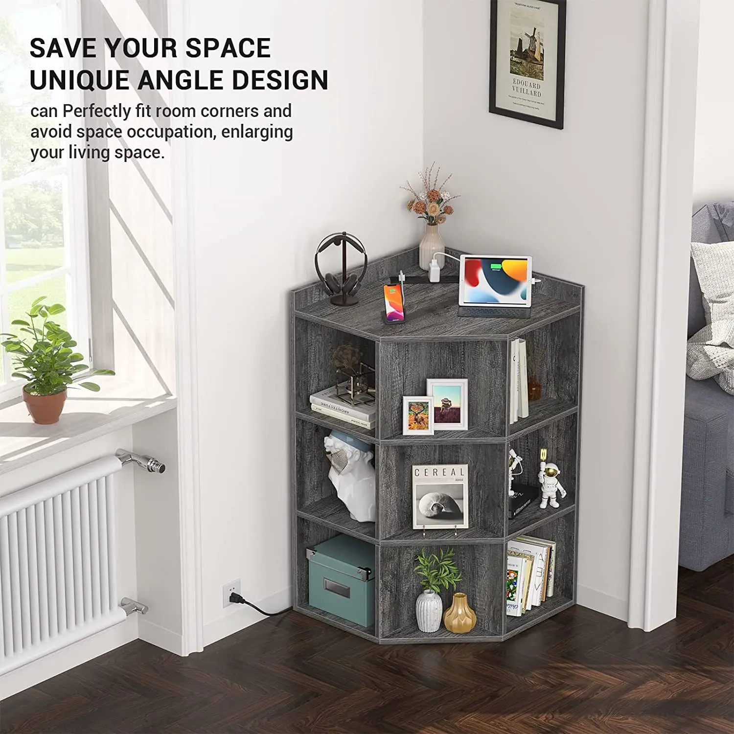 Corner Shelf With USB Row Plug Storage Triangle Cabinet