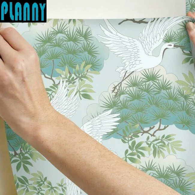 Chinese style Sprig & Heron customized mural non woven paper canvas wallpaper for living room