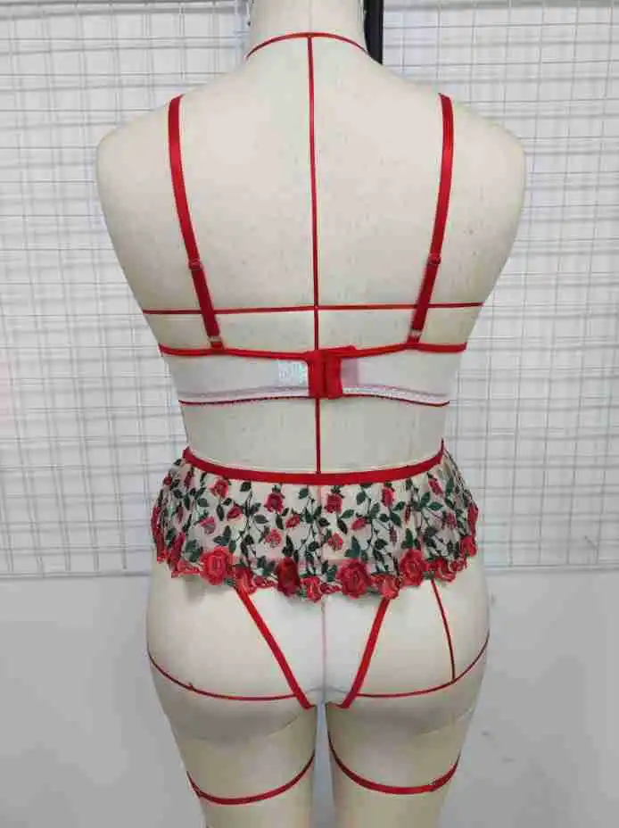 4XL Large Size Romantic Rose Flower Embroidery Ladies Sexy Lingerie Set Pleated Mini Skirt Garter Set