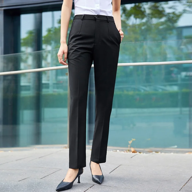 Button Decoration Casual Slim Straight-Leg Flat Business Formal Occasions New Arrival Professional Workwear Black Pants
