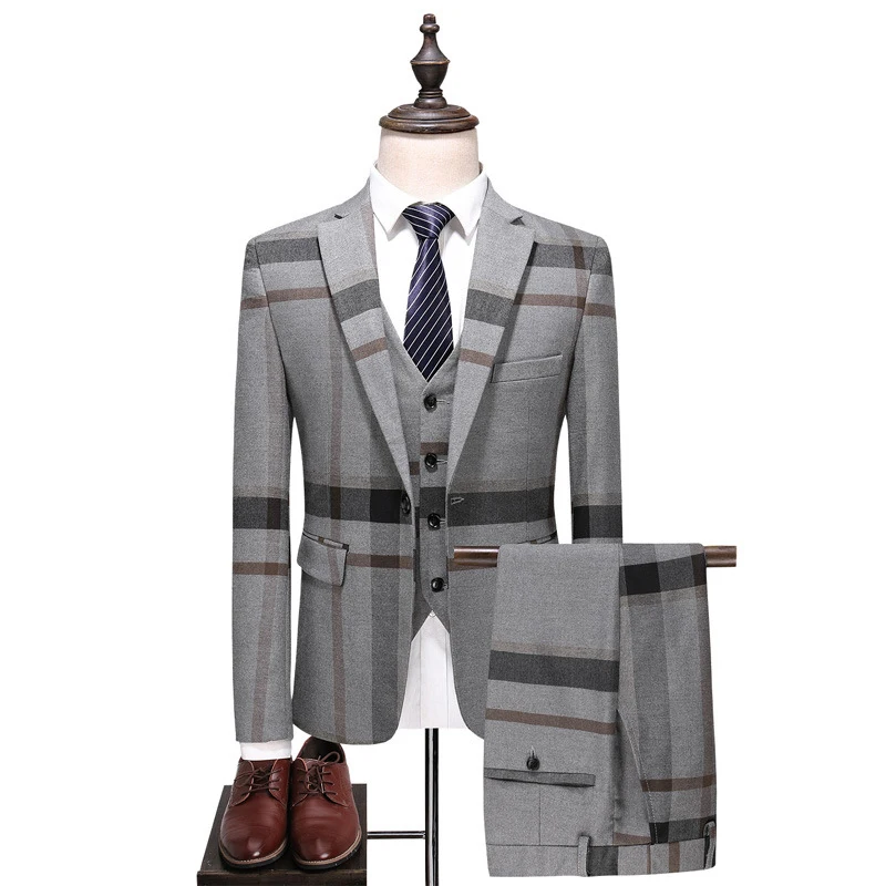 
High Quality Ready To Ship 3 Piece Plaid Printed Wedding Mens Suits 