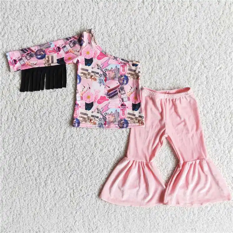 Fashion RTS baby girl clothes boutique kids clothing floral cow print one shoulder tassels girls western outfits girls sets