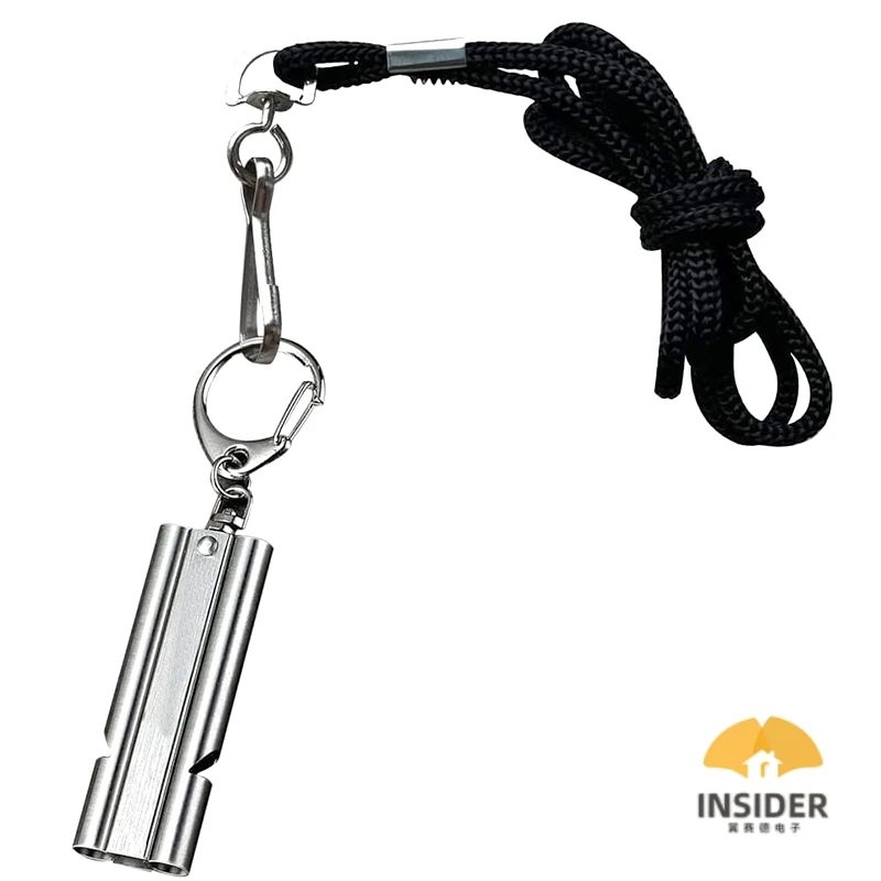 Fishing Training Rescue Stainless Waterproof Emergency Survival Double Tube 120DB Whistle With Lanyard Keychain