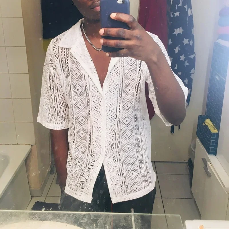 Mens Button Up Shirts Transparent Crochet Lace Blouse Knit See Through Hooded Tee Fishnet Top Black Hoodie White Shirt