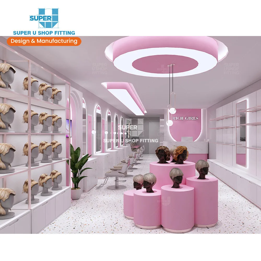 Custom Gold Stainless Steel Wig Display Shelf Human Hair Extensions Display Furniture Trendy Pink Salon Shop Interior Design