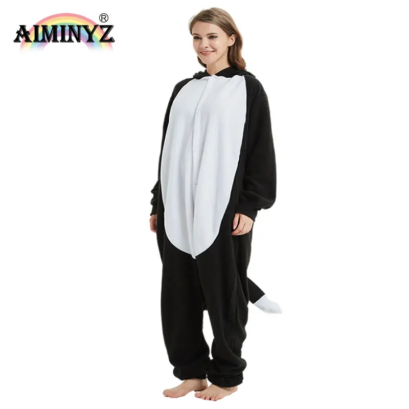 AIMINYZ Winter Animal Pyjamas Polar Fleece Hoodie Sleepwear Pajamas For Women Wolf Black Adult In stock Onesie Loose Costume