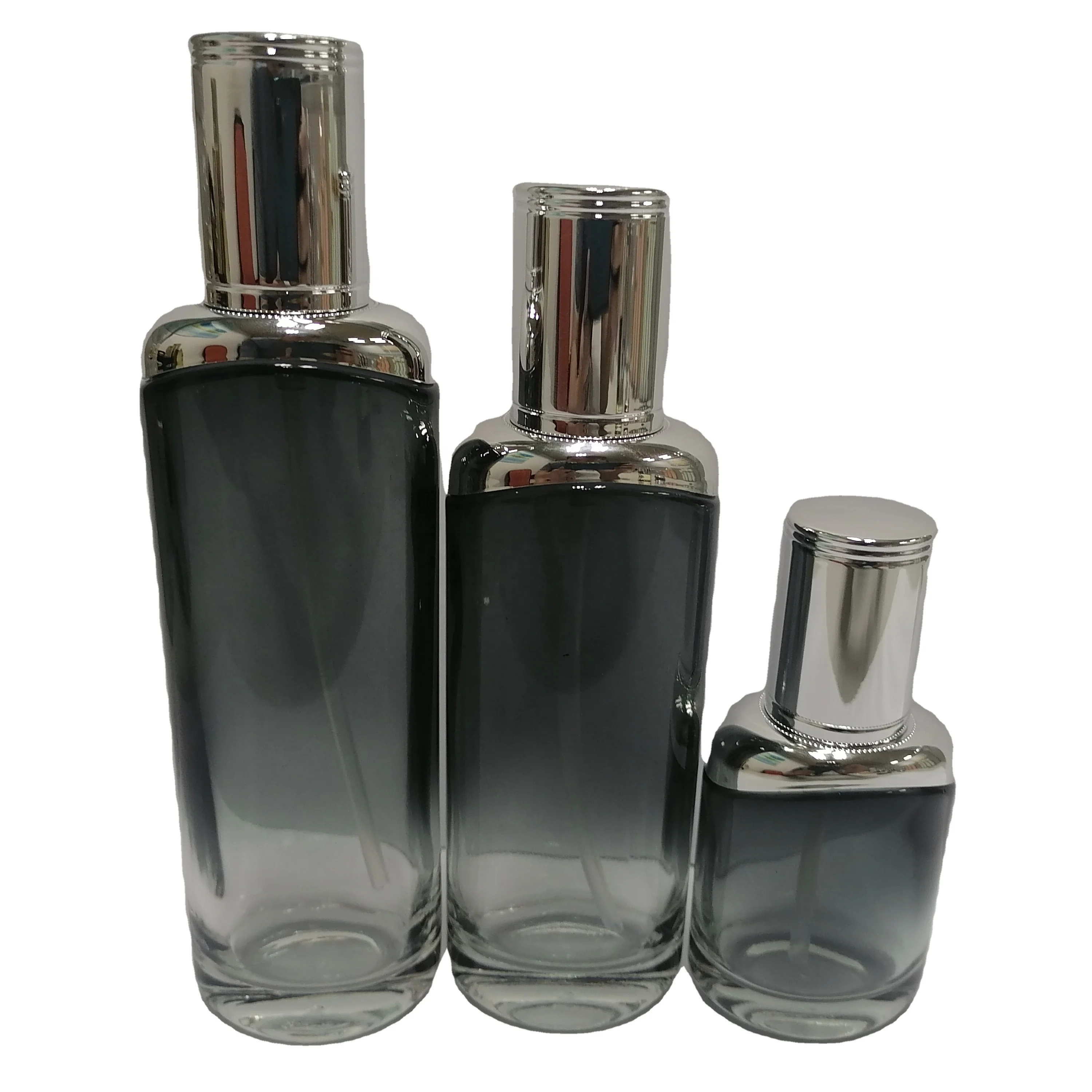 low price with good quality glass cosmetic empty round silver  pump bottles for skincare with  with light silver lid packaging