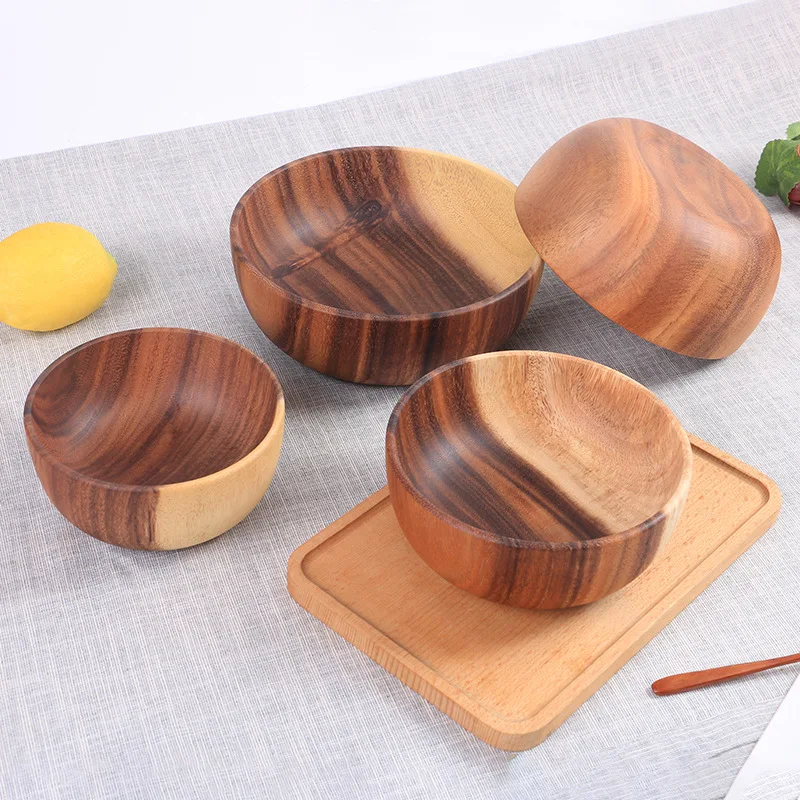 Acacia Kitchen Tableware Teak European Noodle Soup Rice Serving Natural Wholesale Small Mini Salad Set Acacia Wooden Bowl