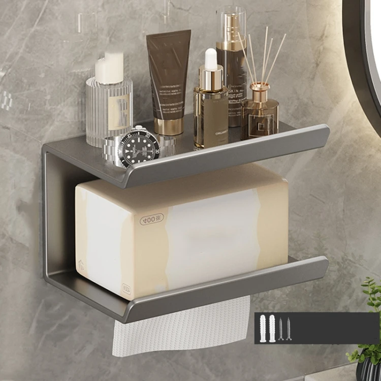 2 In 1 No-punch Paper Towel Rack Bathroom Cell Phone Tray Rack Wall - mounted Toilet Paper Holder Storage Rack