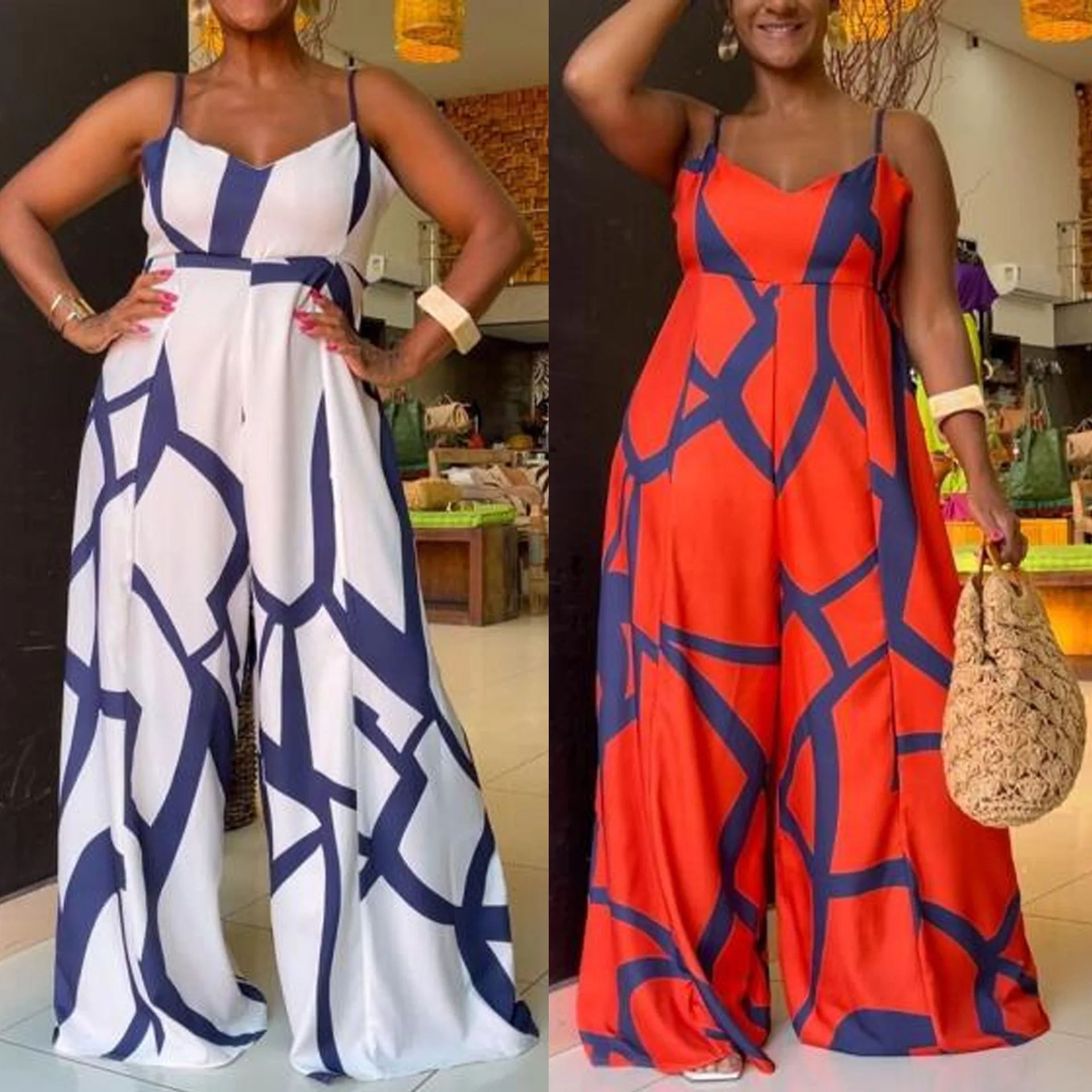 ZIYA A07L91 Printed Large Strap Hollow Waist Wide Leg Women Striped Jumpsuit