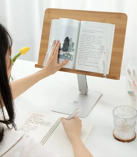 New Style Multifunctional Reading Writing Use Aluminum Alloy Bracket Bamboo Wooden Lifting Desktop Book Reading Stand Holder