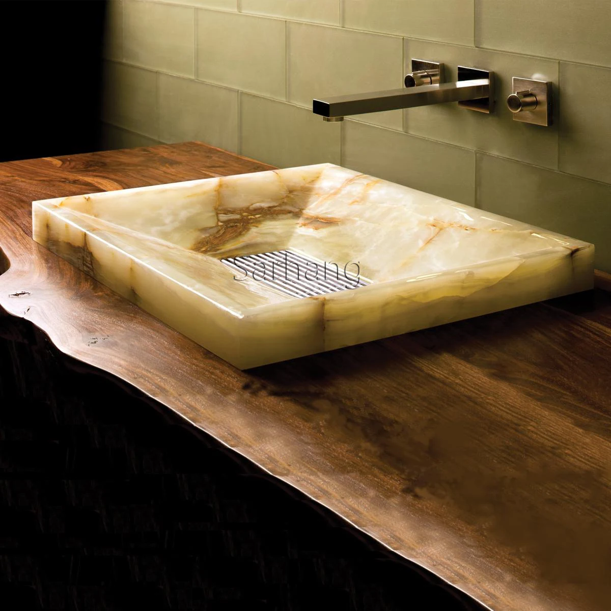 Square shape fancy green onyx stone bathroom sinks