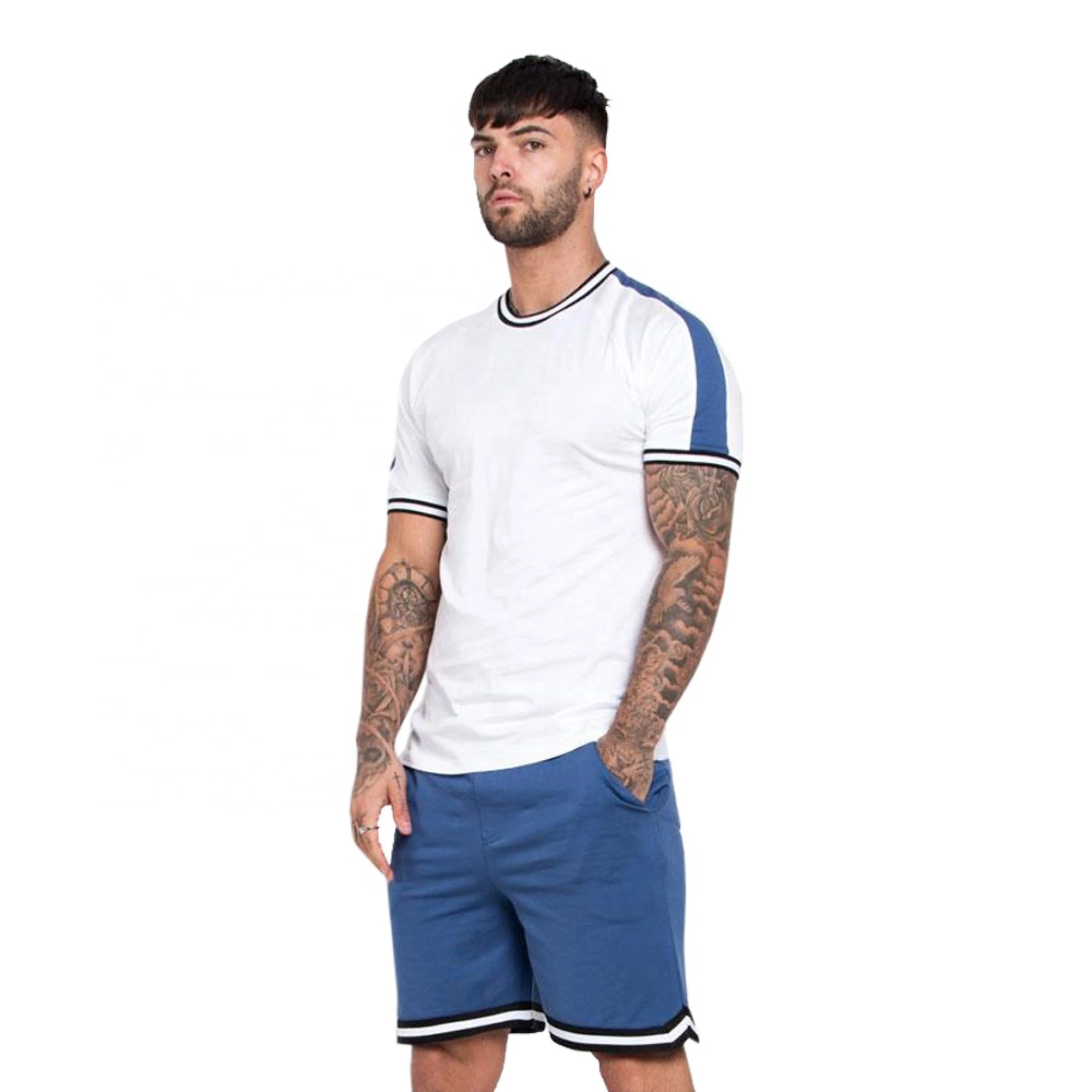  Индивидуальный дизайн хлопковая Футболка контрастных цветов с блочной панелью и короткие комплекты/2021 Мужские Двойные шорты