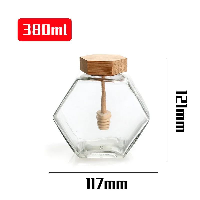 High Quality 100ml 220ml 380ml Transparent Hexagonal Honey Container Glass Jam Honey Jar Jar With Wooden Dipper and Bamboo Cork