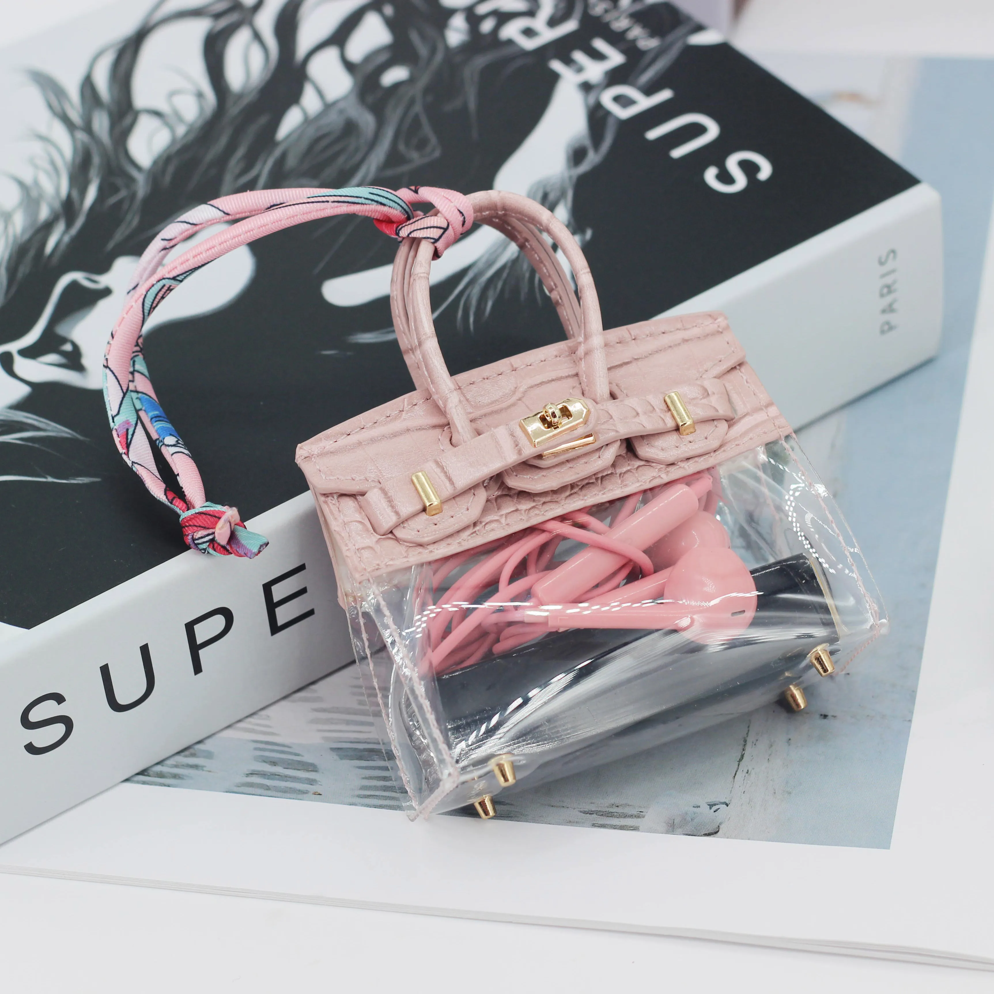 Transparent  Ladies Small Bag PU Leather Coin Holder Earphone Case for Airpods Car Key Chain for Car Using