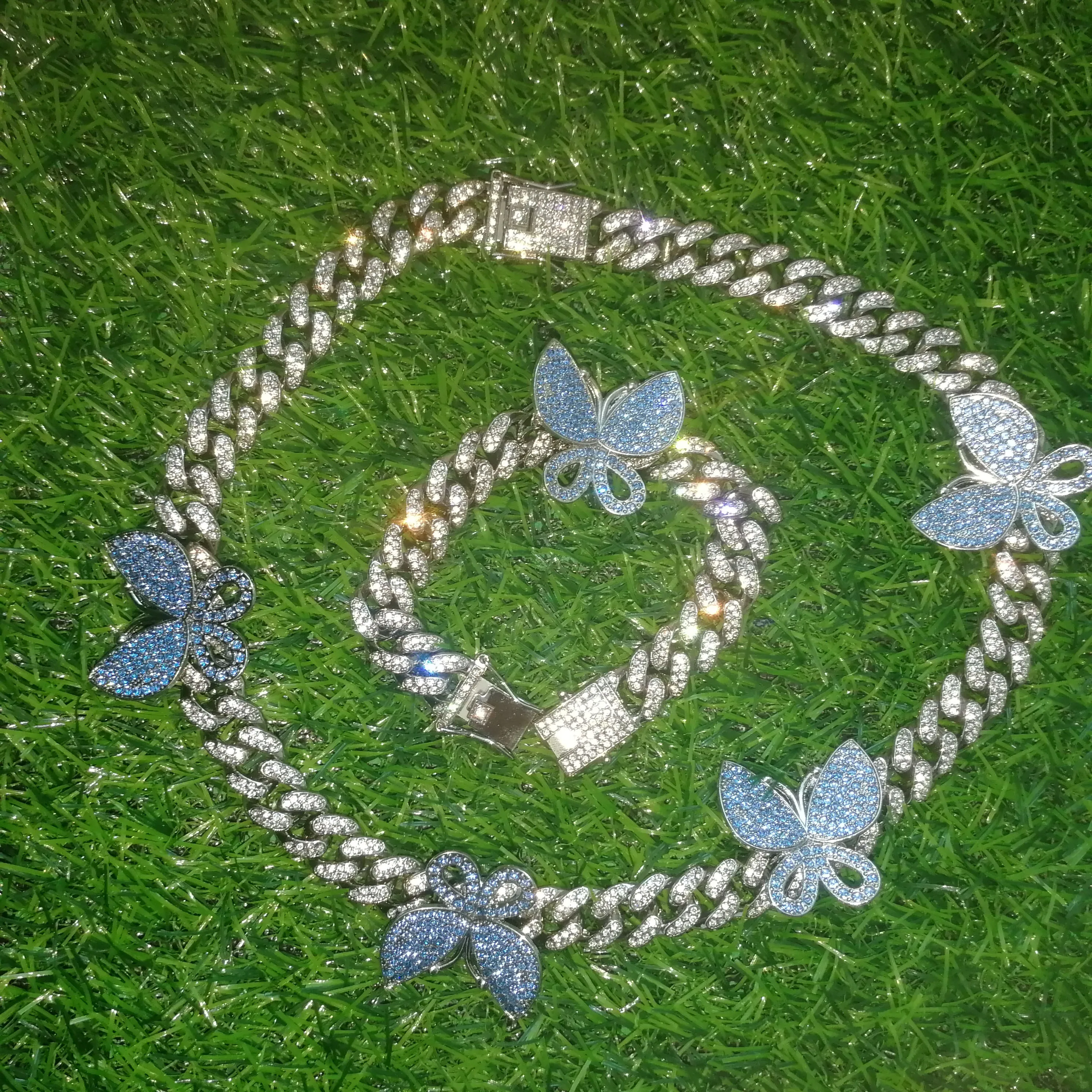 ICED OUT BLING hiphop women girl jewelry cuban link chain blue butterfly necklace