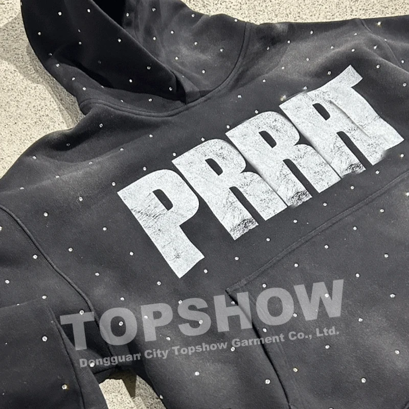 Custom Rhinestone Logo Acid Wash Vintage Streetwear Pullover Puff Print French Terry Sun Faded Rhinestone Hoodies