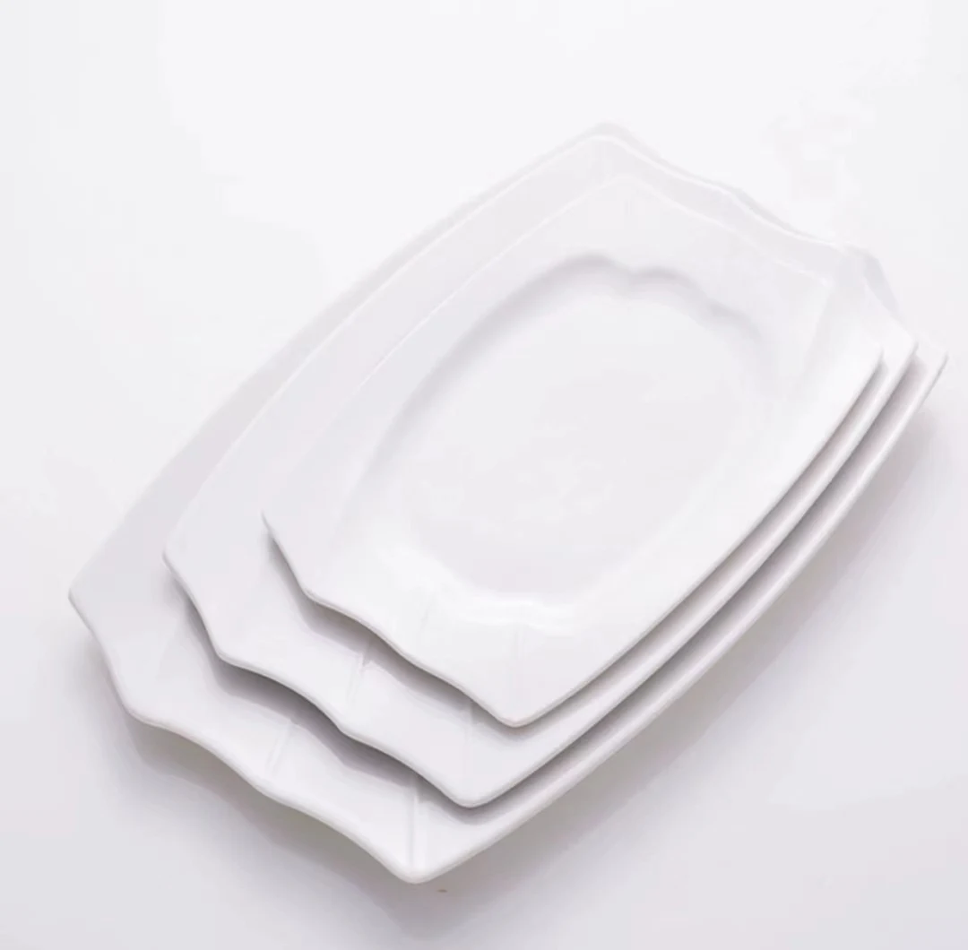 Sustainable Pure White Ceramic Rectangular Plate Europe-Style Fish Dish Glazed Rice Dish Technique