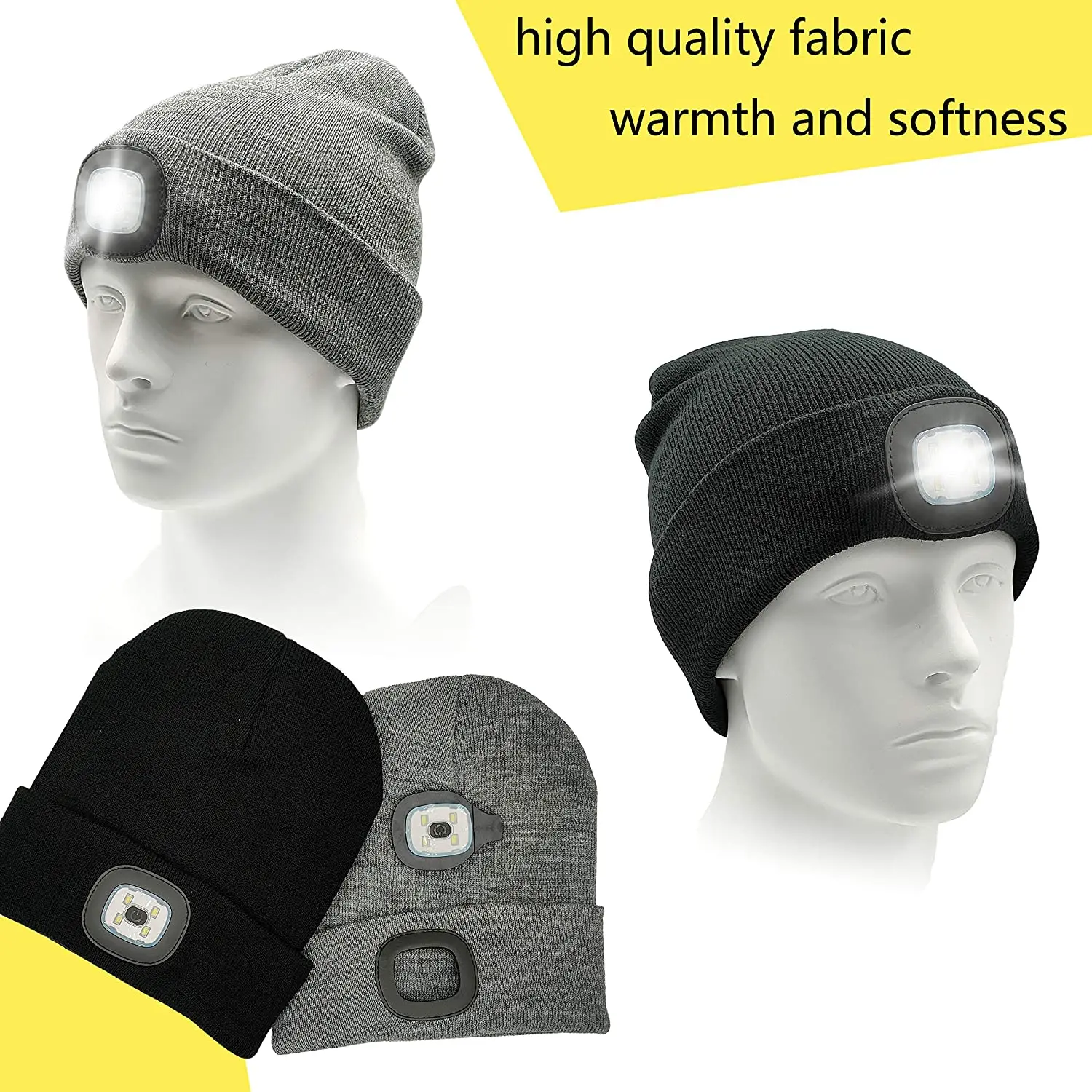 Logo Customized Embroidered 4 Led Lighted Running Hat Beanie Headlamps Outdoor Winter Led Light Hat Button Battery