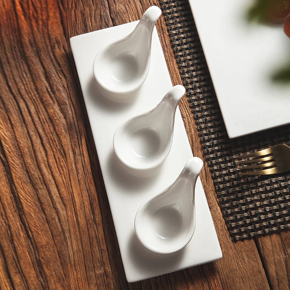 Wholesale Commercial Restaurant Banquet Set Of 3 Serving Sauce Snack Dish White Slate Tapas Three Grid Sauce With Ceramic Tray