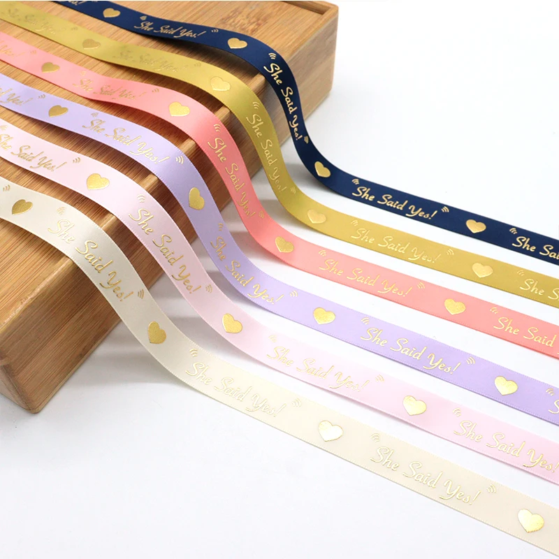 Wholesale Gold Foil Love Heart Custom Logo Printed Satin Ribbon For Home Wedding Decoration