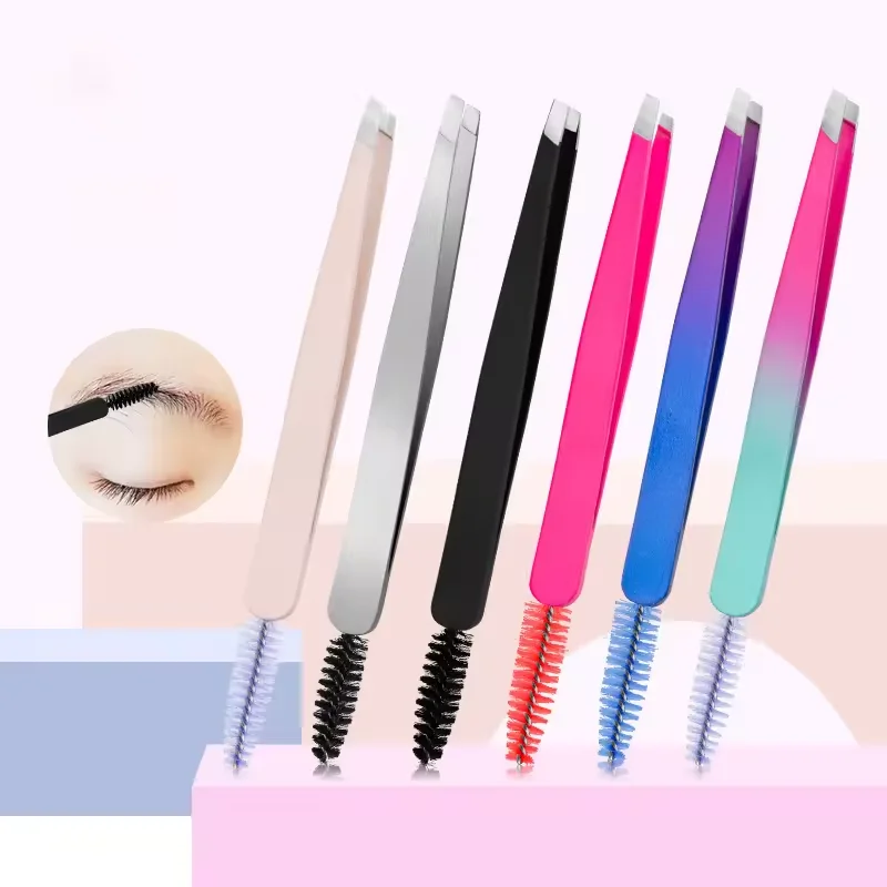 New Arrival Double Head 2 in 1 Slant Tip Hair Eyebrow Tweezers with Eyebrow Brush Stainless Steel Eyelashes Extension Tweezers