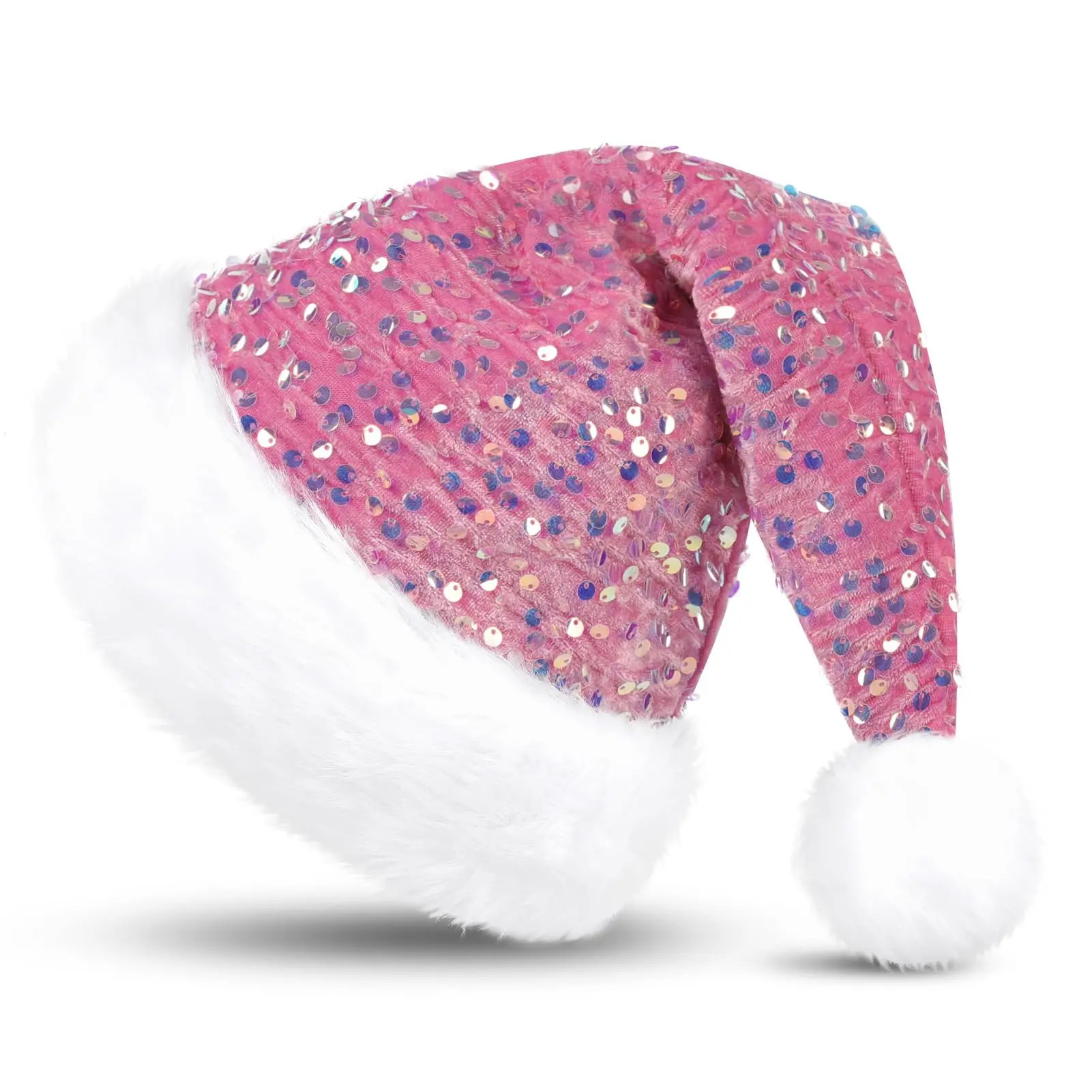 2024 New Year Sequin Santa hat Christmas Hat for Adult Luxury Plush Xmas Hat with a Pompom for Men and Women