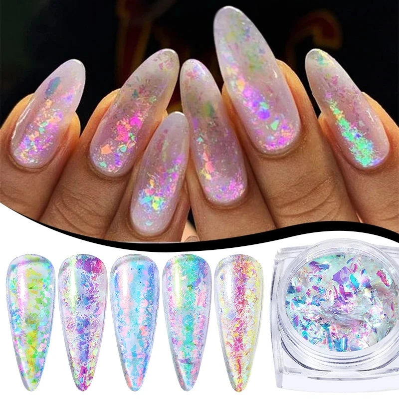 1 Box Aurora Opal Nail Glitter Flakes Irregular Sparkly Gradient Sequins Mirror Chrome Powder Manicure DIY Nail Art Decorations
