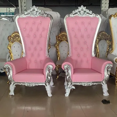 King and Queen High Back Cheaper Pink King Sliver Throne Chairs High Back Royal Luxury Wedding Chair for Groom and Bride